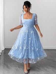 Elenzga Women's Spring/Summer Elegant Square Neck Petal Sleeve Mesh Embroidery Plus Size Dress - Blue - View 3
