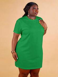 CurvyTilda 大尺碼短袖純色洋裝，優雅夏季款 - 綠色 - 查看 4