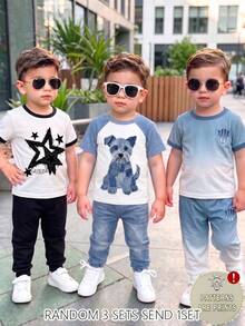 SHEIN 3 Sets, Get-1 Set Random Minimalist Casual Cute Fashion Bear Pattern  Print T-Shirt And Matching Denim Print Long Pants Set - Multicolor - View 1