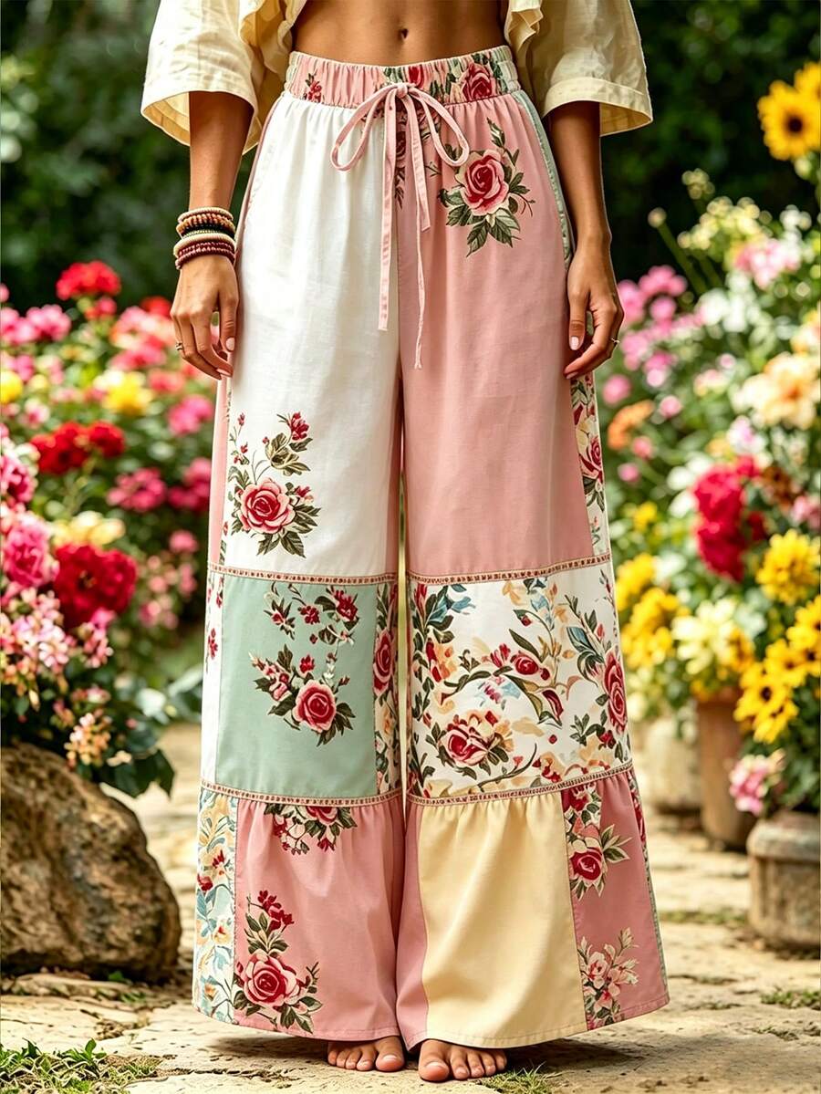 Holdful Holdful Women's Autumn New Floral Print Loose Colorblock Drawstring Wide Leg Pants, Fashion Vacation Long Pants Casual Granny - Multicolor - View 1