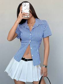 Sweetra 復古學院風香港風小格紋收腰顯瘦女款短袖 Polo 領襯衫 夏季野餐紅白格紋 70 年代 - 藍色 - 查看 7