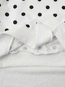 SHEIN 青少年女孩時尚白色圓領長袖運動衫上衣搭配寬腿褲2件套，秋冬波點拼接配色套裝 - 黑與白 - 查看 5