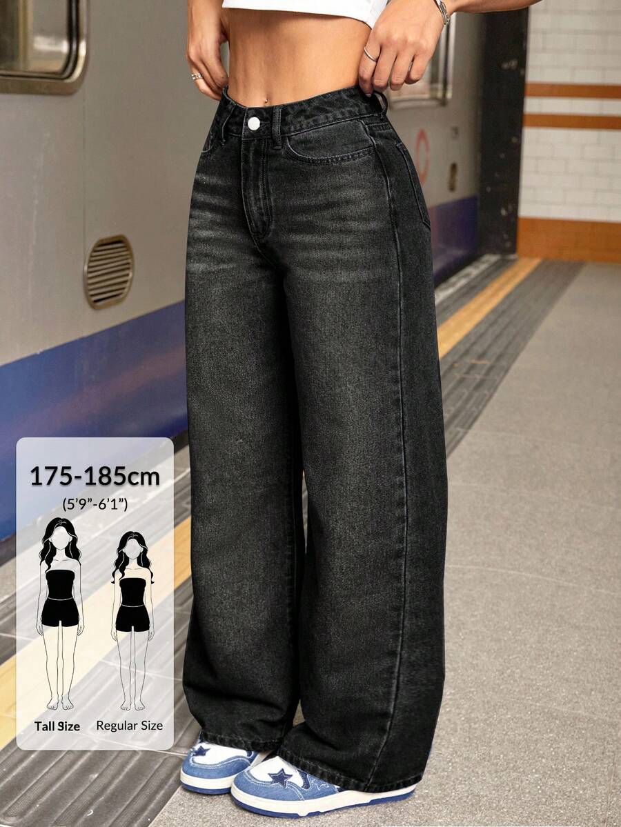 SHEIN Tall 女款休閒黑色秋季街頭風水洗斜拼布口袋寬鬆直筒寬腿牛仔褲,高個女性適用 - 黑色 - 查看 1