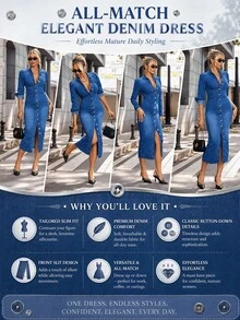 SHEIN Tall Gaun Denim Kasual Wanita dengan Kancing Depan, Pas Badan, untuk Wanita Tinggi - Biru - View 10
