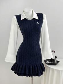Elamini Minimalist Cute Sweet Women's Autumn Round Neck White Navy Blue Cable Knit Ruffle Hem Sweater Dress Back-To-School Everyday School - Royal Blue - View 6