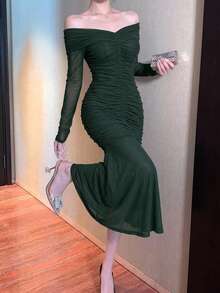 DAZY Elegant Solid Color Open Shoulder Ruched Midi Dress For Women, Spring/Summer Sundress Off The Shoulder - Dark Green - View 13