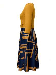 Lunelith SHEIN Lunessa Kleid mit Patchwork Geometrischem Muster, Reißverschluss Teilung vorne und Taillenzugband - Gelb - Übersicht 4