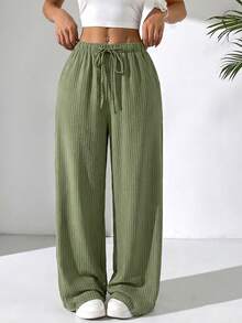 Solflare Spring/Summer Vacation Style Linen Drawstring Tie Pants Plus Size - Army Green - View 5