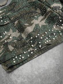 Manfinity EMRG Men's Camouflage Pattern Rhinestone Decorated Casual Denim Cargo Shorts - Army Green - View 7