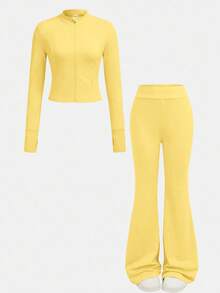 SHEIN Tween女孩休閒純色咖啡棕長袖上衣與喇叭褲2件套 - 黃色 - 查看 2