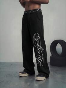 Sport MetroGents Pantalones deportivos largos para hombre con estampado de lunares & letras - Negro - Ver 5