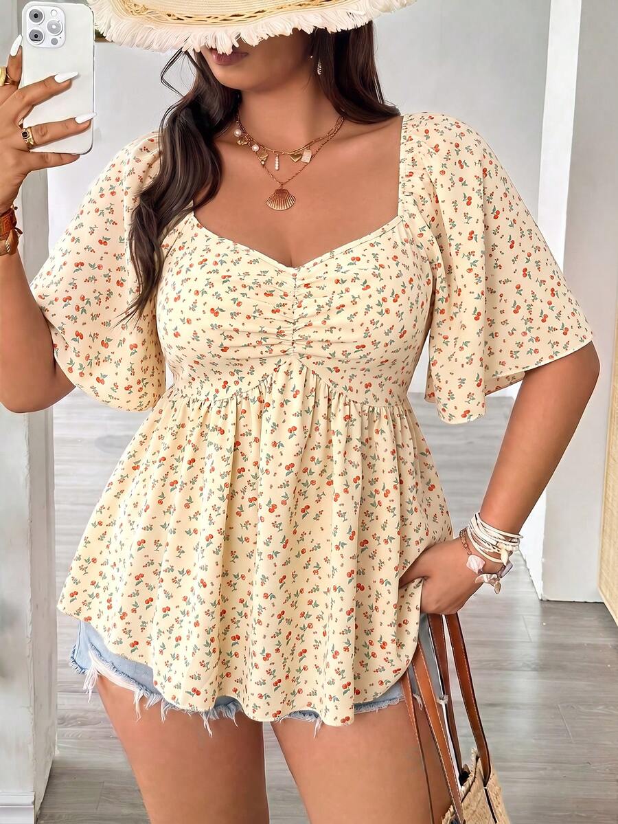 Vionelle Plus Size Spring/Summer Casual Versatile Ditsy Floral Waist Tie Ruffle Sleeve Elegant Blouse - Apricot - View 1