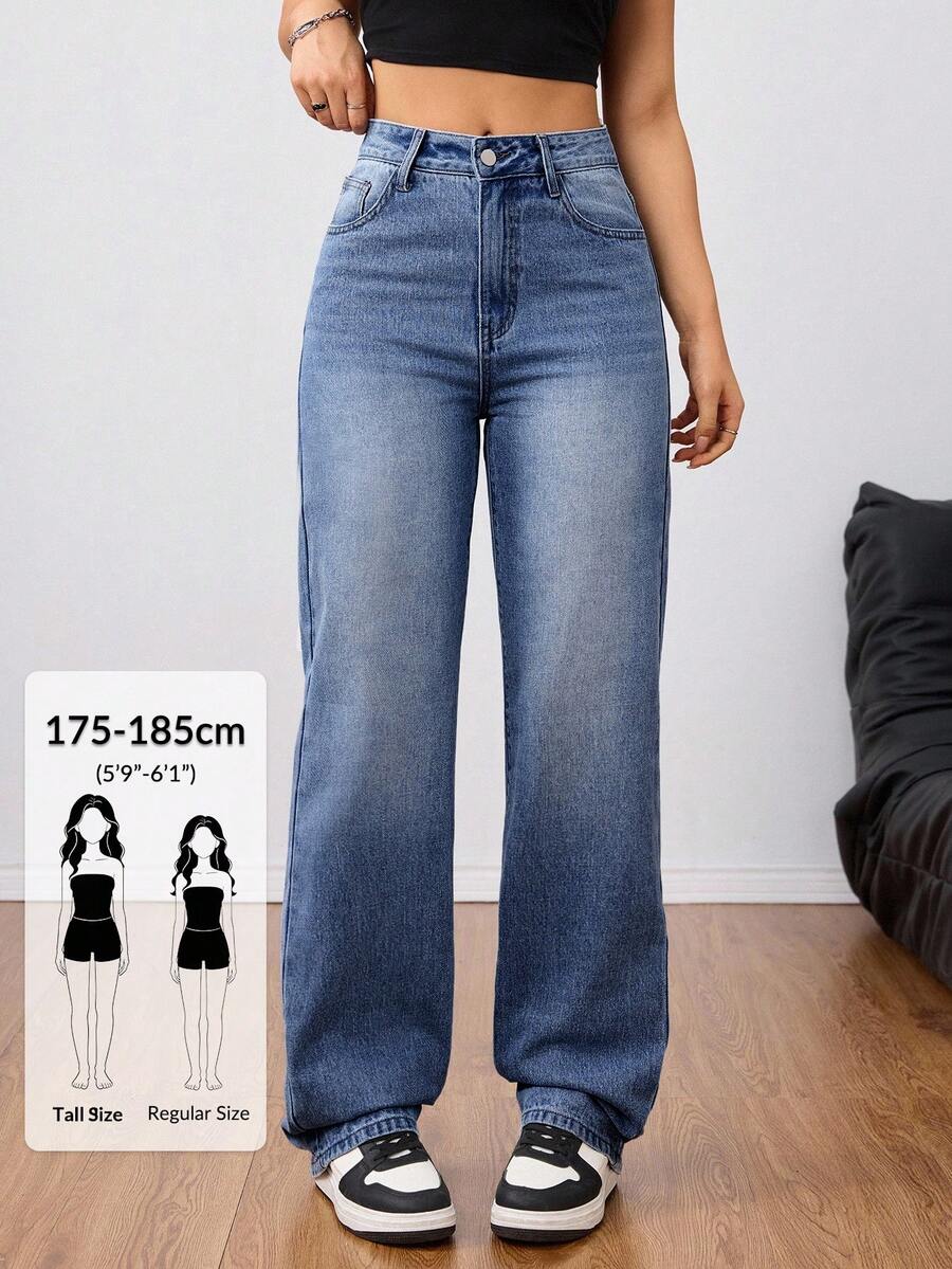 SHEIN Tall 女款高腰磨損淺藍色水洗Y2K牛仔褲,冬季休閒街頭風寬腿牛仔褲,拼接口袋寬鬆大廓形牛仔褲,適合高個女性 - 深色水洗藍 - 查看 1