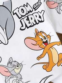 TOM & JERRY X SHEIN GraphicGems 男童休闲趣味卡通字母印花短袖T恤，时尚日常穿着 - 白色 - 查看 3