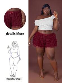 CurvyTilda تنورة قصيرة متعددة الطبقات مزينة بالفيونكة وشبكة شفافة للنساء ذوات الأحجام الكبيرة، طراز الشارع الأنيق والجذاب، مناسبة للربيع والصيف - عنابي اللون - مشاهدة 6