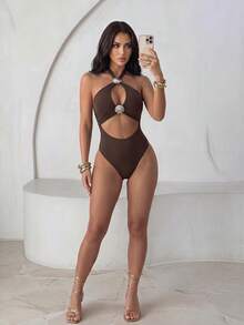 Sirith Women's Sexy Hollow Out Metal Shell Decor Halter One-Piece Swimsuit For Vacation - Brown - View 3