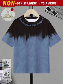 SHEIN Streecool Kids (1件) 男童休閒時尚極簡風洛杉磯黑藍漸層字母圖案基本款短袖T恤，舒適適合日常穿著 - 彩色 - 查看 4