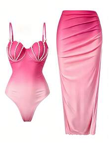 Swim Oasis Women's New Faux Pearl Shell Decor Ombre Spaghetti Strap Underwire One-Piece Swimsuit With Matching Skirt - Hot Pink - View 1