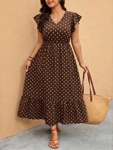 SHEIN Essnce 休閒百搭優雅棕色波點圖案大尺碼荷葉袖洋裝，適合派對、約會、晚宴 - 彩色 - 查看 3