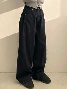 DAZY Jeans de mezclilla negros de pierna recta con decoración de letras de strass, botones sueltos y bajo con vuelta - Negro - Ver 5
