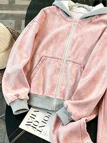 Resyla 女款拉鍊運動衫套裝，秋冬時尚新款，戶外穿著，粉色與灰色夾克套裝，寬鬆版型，穿著舒適 - 彩色 - 查看 6