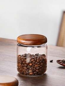 1Pc Glass Food Storage Containers With Airtight Wooden Lids, Glass Jars For Home & Office Use, Clear Glass Canisters For Tea, Coffee Beans, Nuts, Spices, Sugar, Overnight Oats, Cereal, Rice, Candy Storage - Clear - View 4
