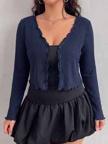 SHEIN EZwear 大尺碼女款海軍藍單排扣長袖休閒T恤 - 藏蓝色 - 查看 1