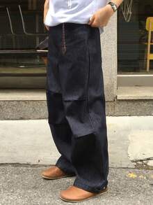 DAZY Navy Blue Long Knee Pleated Design Back Pocket Pattern Embroidered Curved Leg Men's Jeans Fall - Black - View 5
