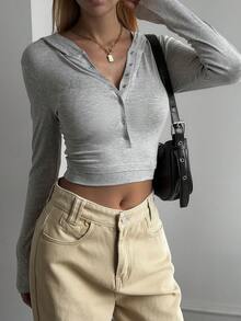 DAZY Women's Fitted Short Hooded Long Sleeve Casual Streetwear Vacation Spring/Autumn Base Layer T-Shirt With Pattern Rhinestone School Y2K - Grey - View 3