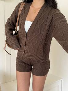 Autumina Vintage Casual Argyle Knit Dark Brown Sweater 2 Pieces Set Brunch Autumn - Coffee Brown - View 7