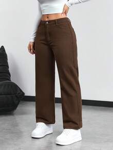 SHEIN PETITE Casual Versatile Low-Waist Straight-Leg Jeans ,Petite Women - Chocolate Brown - View 3