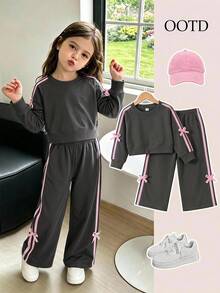 Elladie kids Setelan 2 Potong untuk Anak Perempuan Musim Semi/Gugur: Lengan Panjang dan Celana Panjang, Motif Pita Olahraga, dan Rajutan. - Dark Grey - View 4
