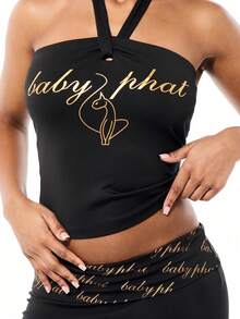 BABYPHAT Tie Neck Halter Crop Top With Gold Logo Print, Sleeveless Jersey Bandeau Style - Black - View 4