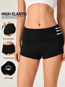 SHEIN BASICS Women's Casual Solid Color Rib Knit Shorts, Summer For Women - Black - View 3