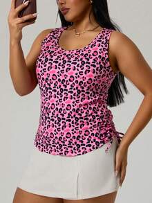 SHEIN Rhythm Era Women's Plus Size Leopard Print Round Neck Side Drawstring Sports Tank Top - Hot Pink - View 1