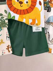 2 Random Sets Out Of 4 T-Shirt & Shorts Sets.Cute Animal Pattern, Striped Pattern, Number Pattern Printed Crew Neck T-Shirt Matched With Same Printed Shorts - Multicolor - View 3