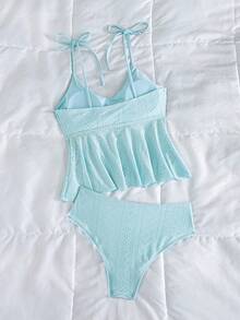 Bellisia 女款度假海灘鏤空刺繡網眼紋理布料 U 領雙肩綁帶打結蝴蝶結設計荷葉邊下擺，搭配比基尼泳褲與細肩帶比基尼兩件套，適合海灘度假 - 藍色 - 查看 8