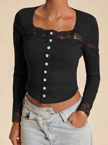 Travachic Women's Lace Patchwork Single-Breasted Slim Fit Versatile Daily Casual Elegant T-Shirt Everyday Date Black Autumn - Black - View 4