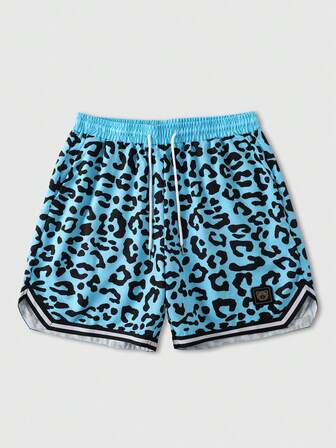 Prep Pantalones cortos casuales holgados con cordón en la cintura y estampado de leopardo para hombres