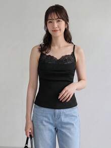 Yumoku 褶饰蕾丝拼接二合一吊带背心，休闲度假优雅户外穿搭背心，女士黑色蕾丝吊带背心，可爱黑色上衣，黑色紧身胸衣上衣，黑色 Y2k 上衣 - 黑色 - 查看 5
