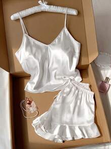 Comfortcana Conjunto de pijama de satén con volantes en el bajo, conjunto blanco - Blanco - Ver 3