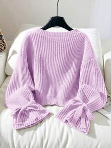 SHEIN Tween女孩秋冬針織羅紋袖口蝴蝶結鬆身套頭毛衣 - 紫色 - 查看 3