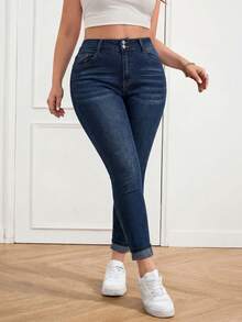 SHEIN Tall CURVE 大尺碼女款休閒百搭牛仔長褲，附口袋與鈕扣，適合日常穿著、辦公通勤與返校季 - 藍色 - 查看 5