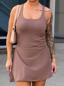 SAYEHFBABY Women's Solid Color Square Neck Pleated Sleeveless Sports Dress Summer - Brown - View 5