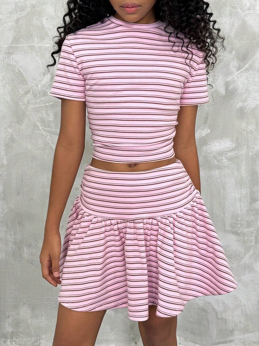 Tween Girl Mock Neck Ruched Slim Fit Tee & Ruffle Hem Skirt,Back To School,Y2K,Streetwear - Pink - View 1