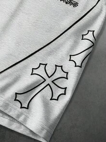 PAVTROS Pantalones cortos con cordón en la cintura, bolsillos y estampado de cruz para hombre, vacaciones - Gris - Ver 6