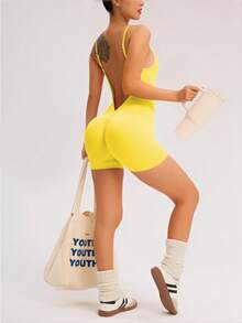 Easithlete Easithlete Solid Color Backless Camisole Sports Jumpsuit - Yellow - View 5