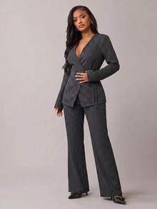 SHEIN SXY Plus Size Women's Striped Side-Tie Waist Jacket And Pants Suit Set - Black - View 6