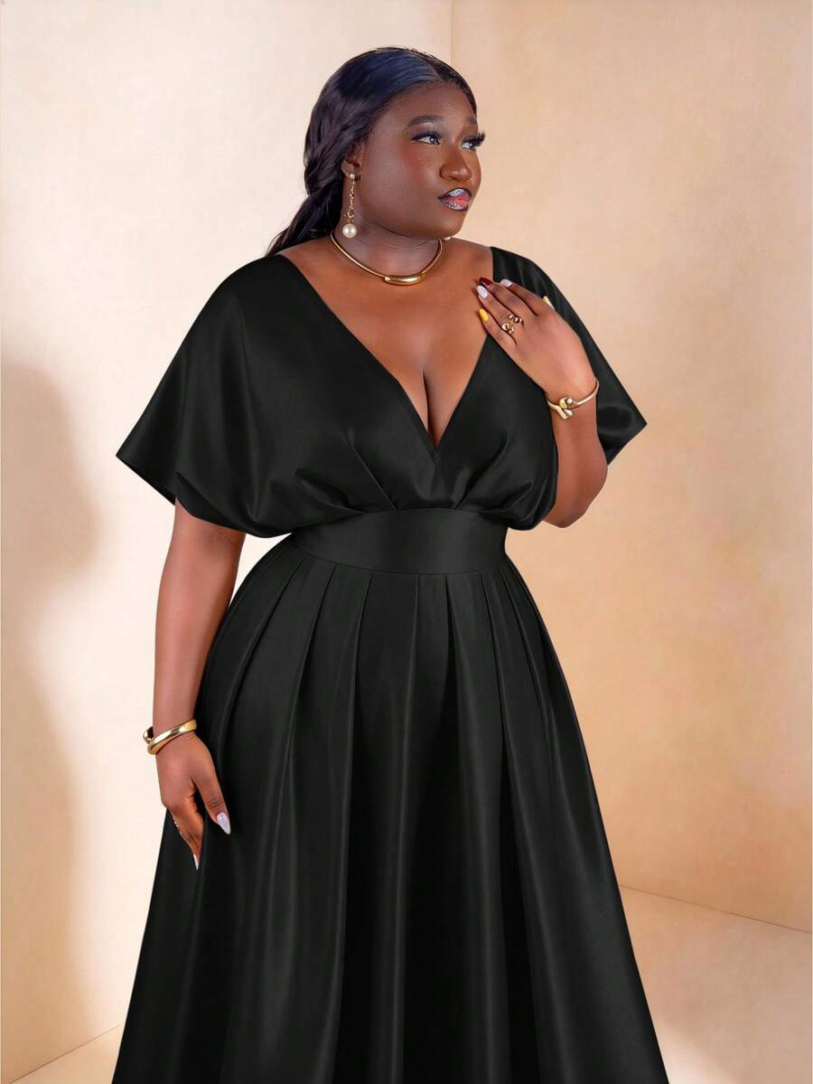 CurvyTilda Plus Size Women's Solid Color Pleated Elegant Satin Dress Black - Black - View 1