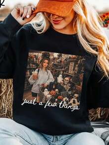 SHEIN LUNE Sweatshirt Lengan Panjang Wanita Kasual Serbaguna untuk Sehari-hari dengan Gambar Karakter - Hitam - View 1